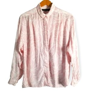 Vintage 80s Pink Rayon Squiggle Blouse by Counterparts, Pop art, Women 12 Large